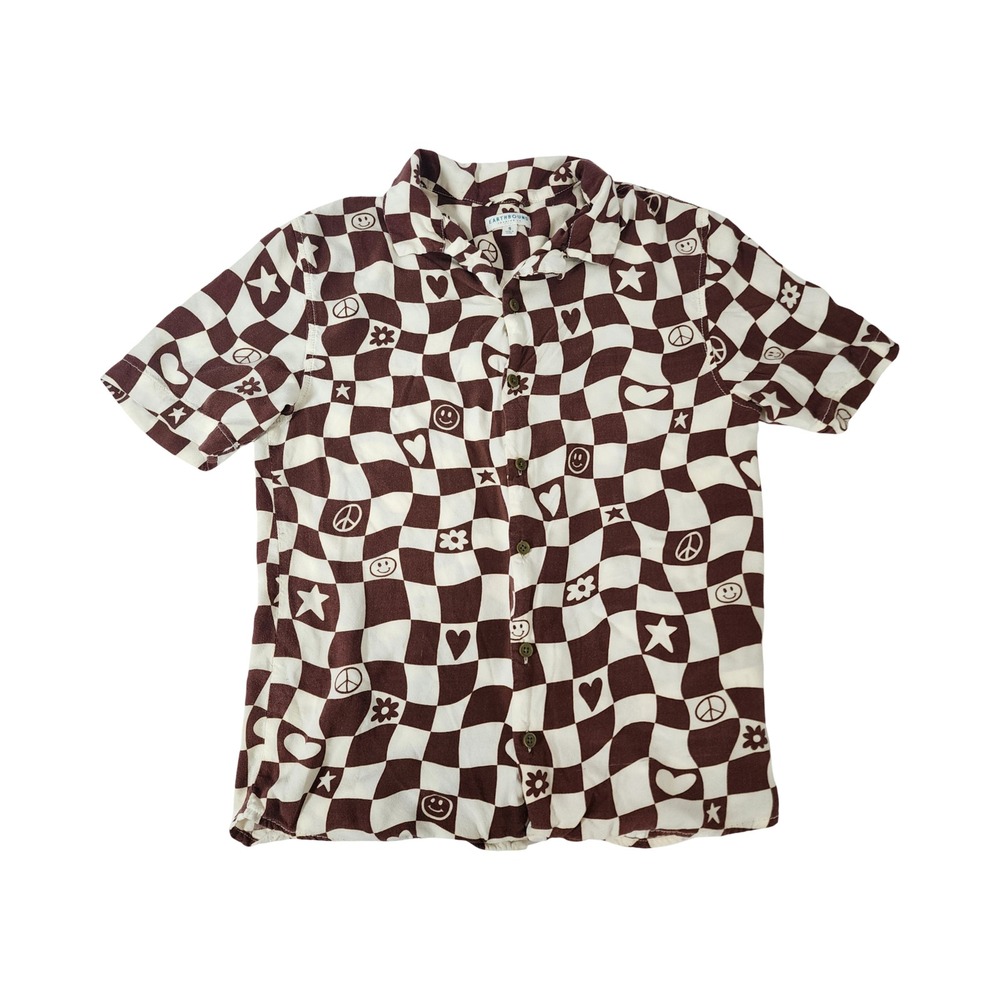 Earthbound Trading Co Brown Wavy Checkerboard Peace Smiley Rayon Shirt Small